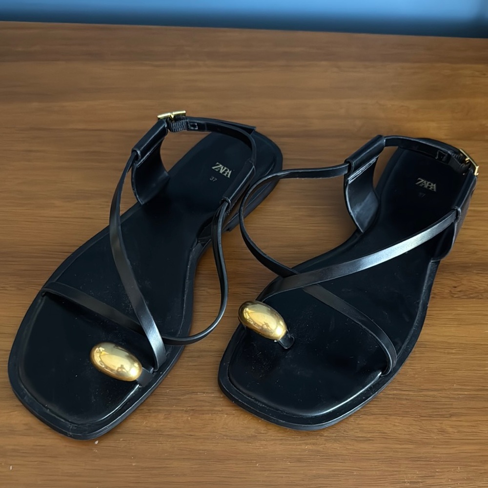 Zara Black Flat Sandals with Gold Metal Detail